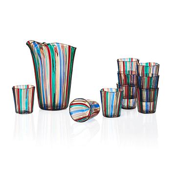 64. Gio Ponti, a 'Canne' glass pitcher and 9 glasses, Venini, Murano, Italy 1950-60s.