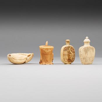 A group of four ivory and bone snuff bottles, Qing dynasty (1644-1912).