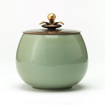 A Royal Copenhagen porcelain bowl with a patinated bronze cover, probably by Knud Andersen, Denmark 1957.