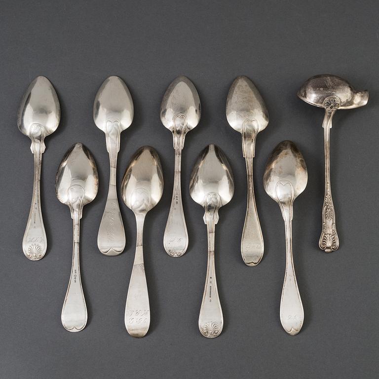 A lot of 8 silver spoons and a silver laddle, among others, P Holmberg, Orebro, 1844.