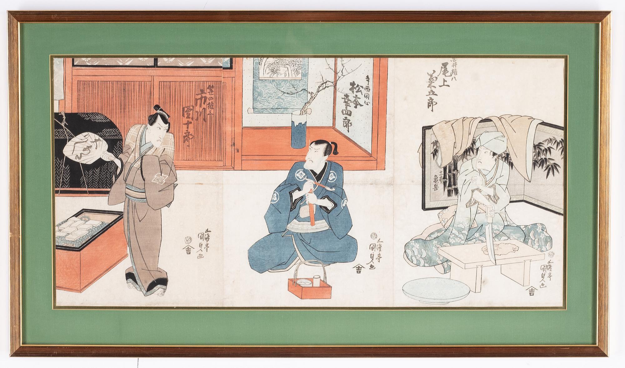 Utagawa Kunisada, triptyk, färgträsnitt. Japan, 1800-tal.