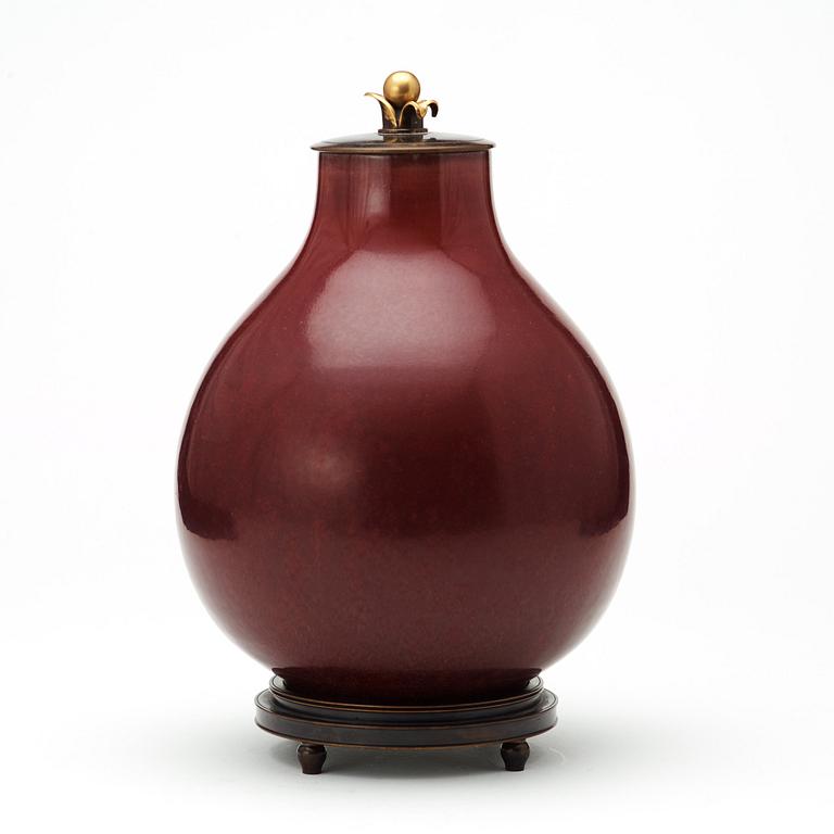 Carl Halier, & Knud Andersen, a stoneware and patinated bronze jar, lid and base, Royal Copenhagen, Denmark 1935.