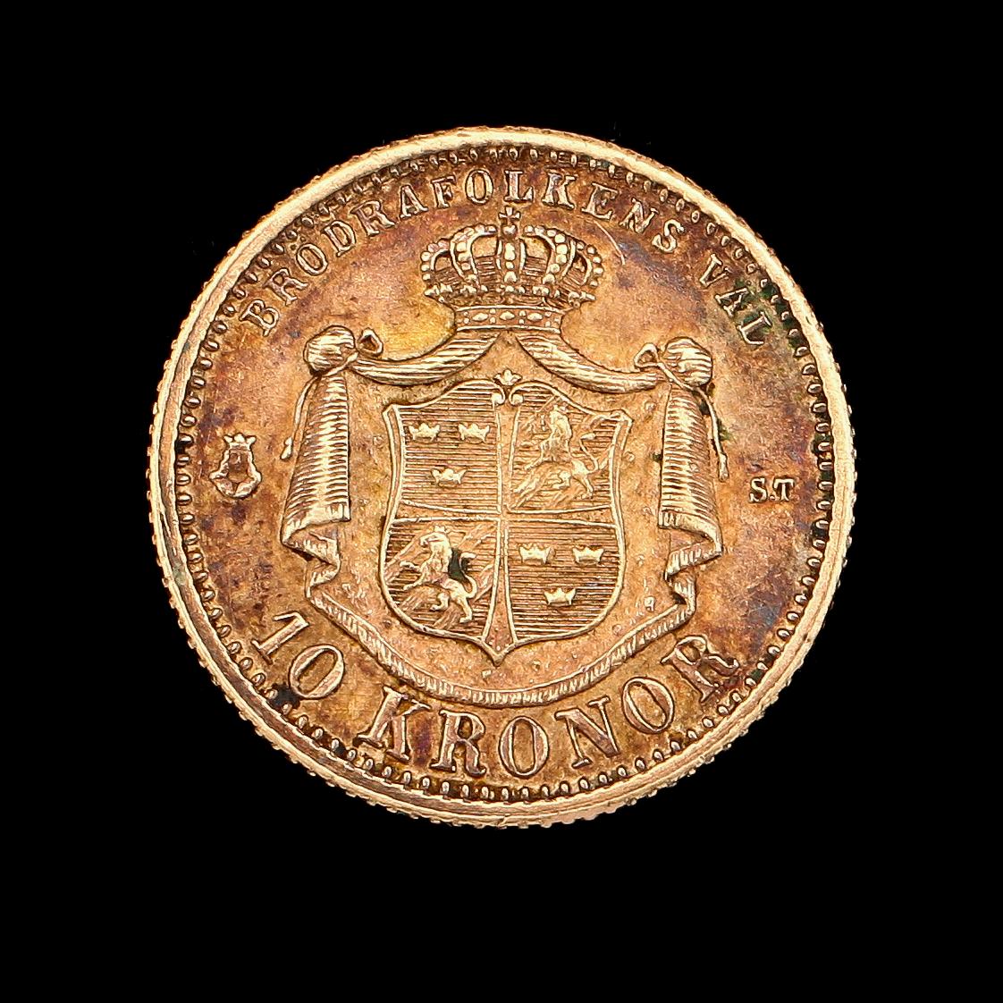GULDMYNT, 10 kronor, Oscar II, 1873. Vikt ca 5 g.