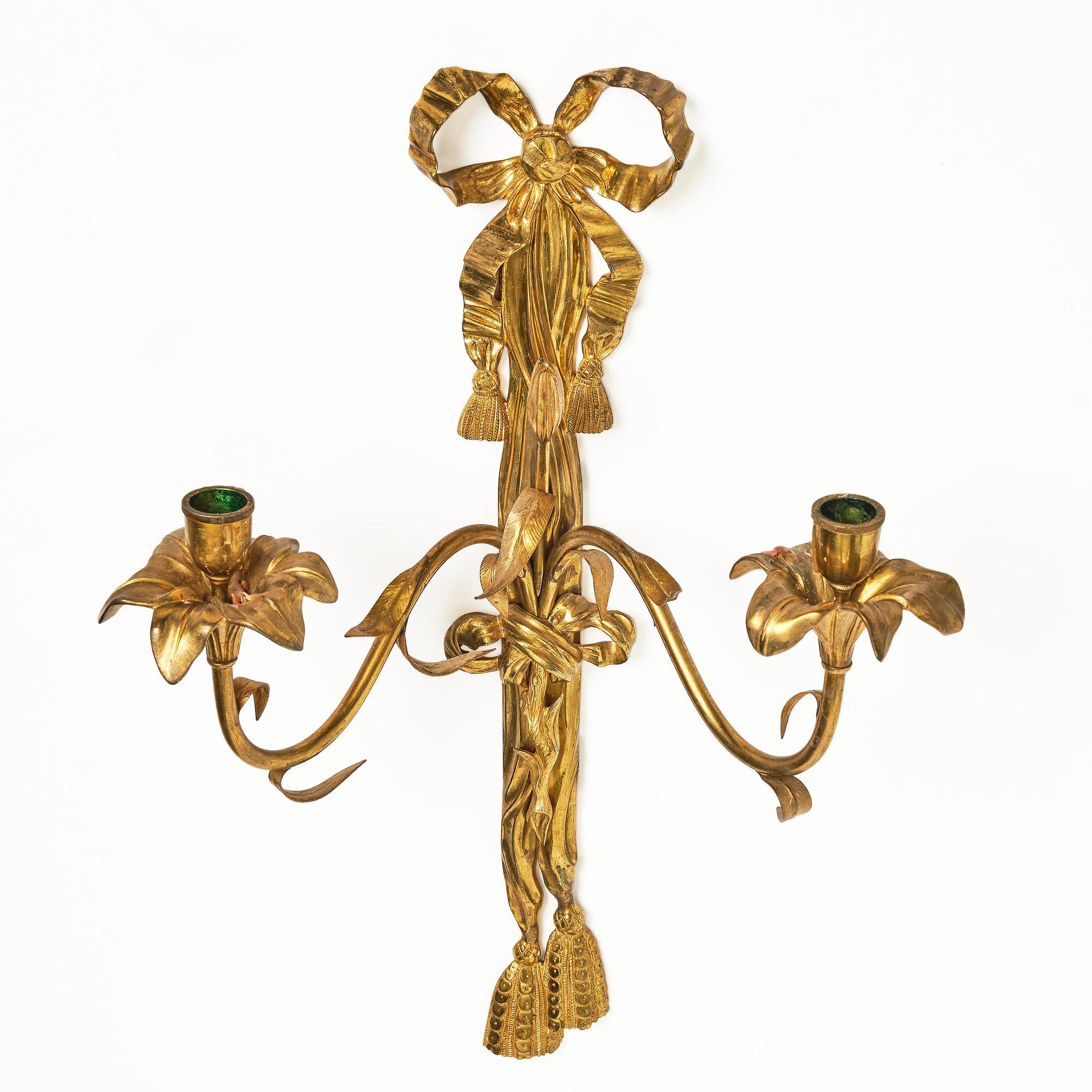 A pair of gilt bronze two-branch appliques after F. L. Rung, late 19th century,
