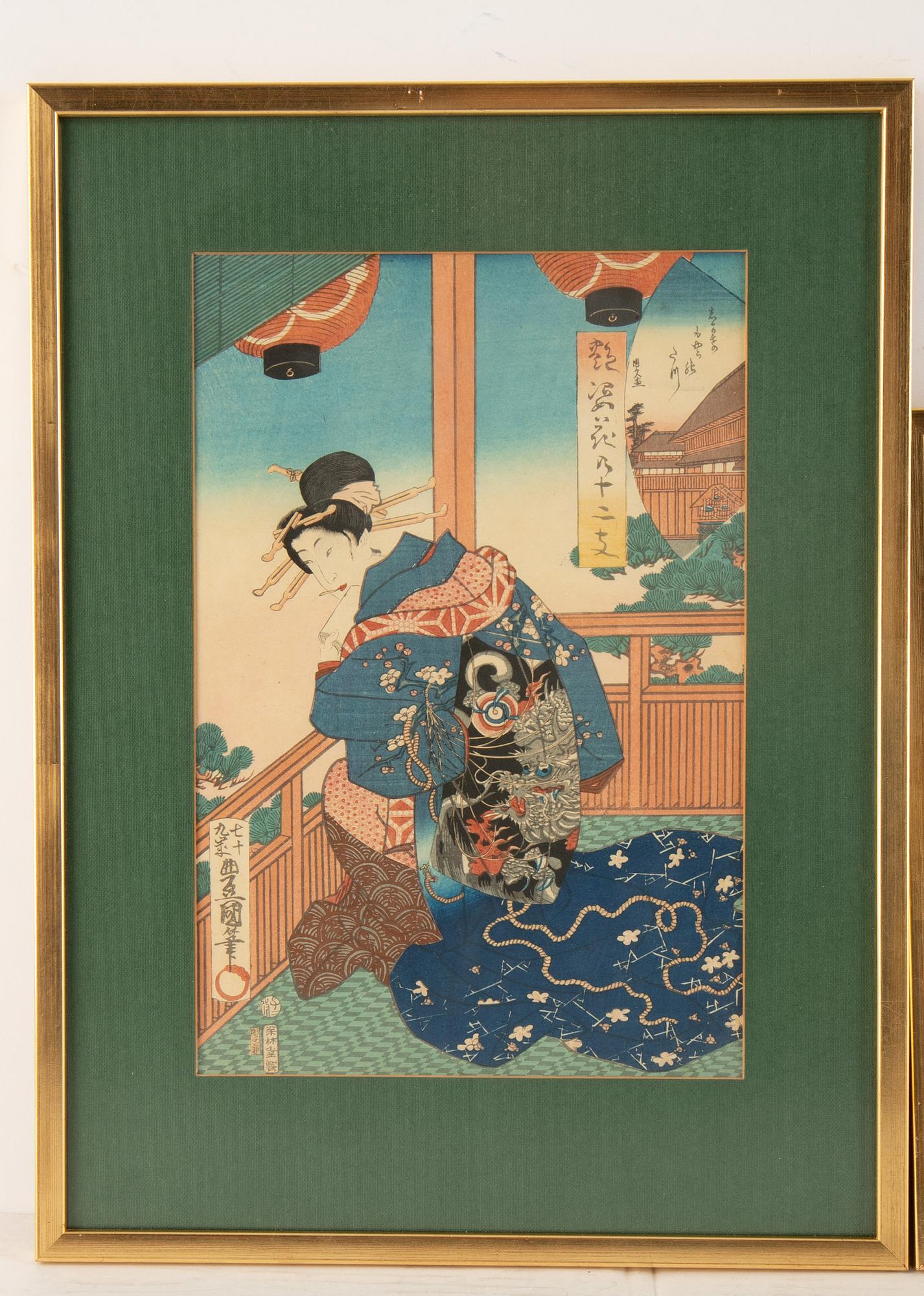 Utagawa Kunisada, färgträsnitt, tre stycken, Japan.