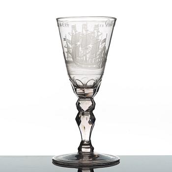 A Dutch cut and engraved wine glass, 18th Century.