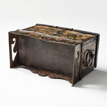 A South German presumably Nuremberg polychrome-painted wrought baroque iron casket, 17th century.