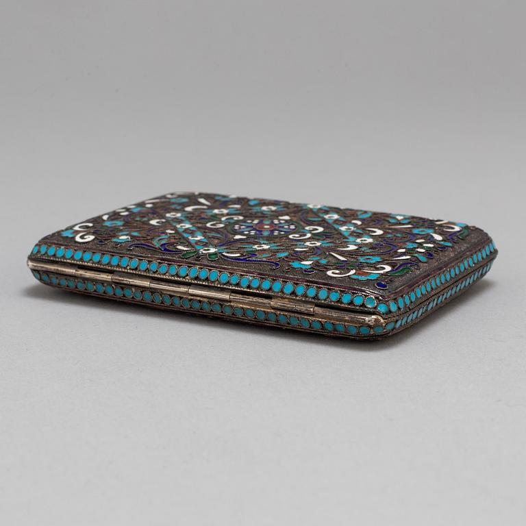 A Russian 20th century silver and cloisonne enamel cigarette case, mark of Mikhail Zoirn, Moscow 1908-1917.