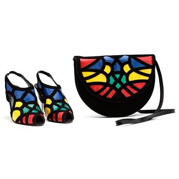 860. CHARLES JOURDAN, a pair of multicolored suede and leather slingbacks with matching shoulder bag.