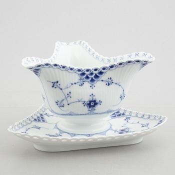 Two dishes and a sauce bowl, porcelain, "Blue fluted" / "Musselmalet", Royal Copenhagen, part 19th century.