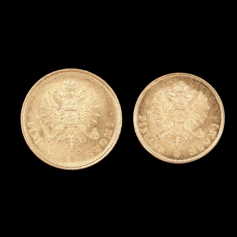 GULDMYNT, 2st, lägst 20k guld, 20 mark resp 10 mark, Finland/Ryssland, 1913. Totalvikt ca8,7g.