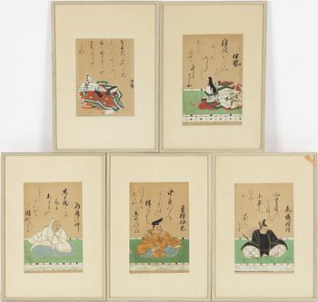 Unidentified artist, five paintings, themes from the series "One hundred poets, one hundred poems" 百人一首 (Hyakunin Isshu).