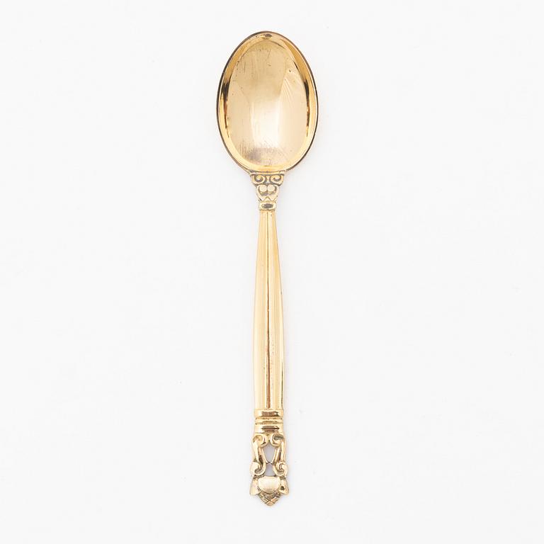 Johan Rohde, Six gilt sterling silver coffee spoons, 'Konge' / 'Acorn', Georg Jensen, Denmark.