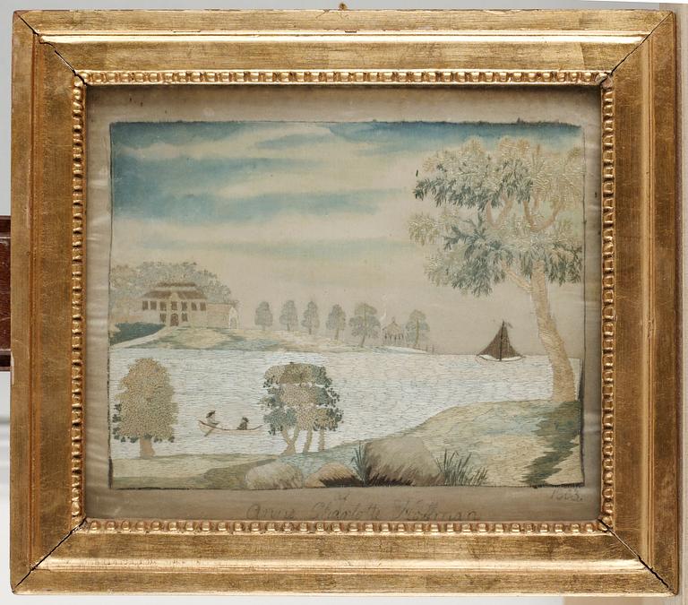 BRODERAD TAVLA, siden. 20 x 23,5 cm. Sverige 1803.