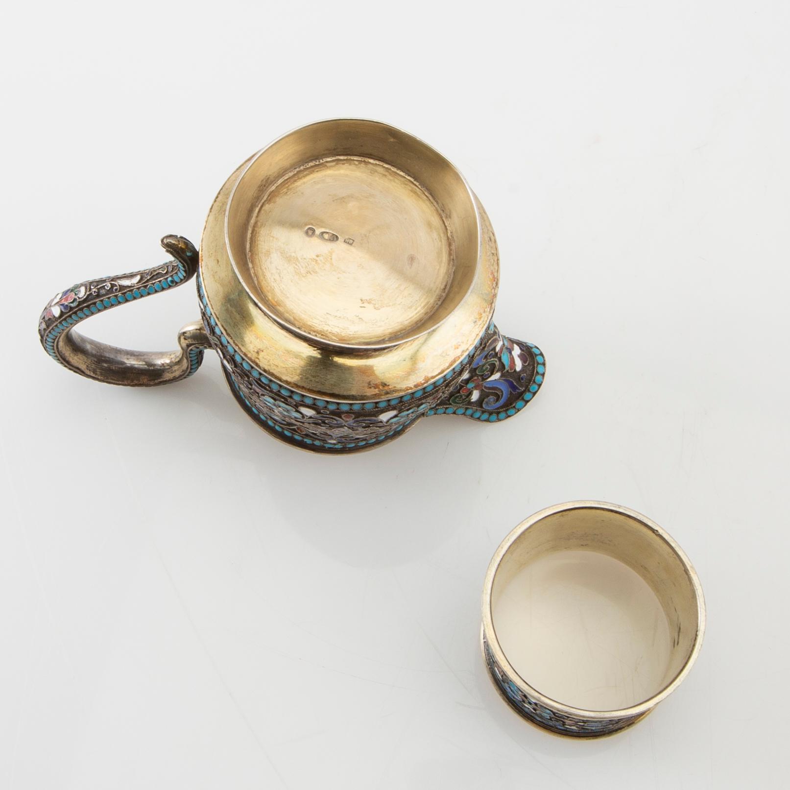 Cream jug and napkin ring Russia silver and enamel 1908-26.