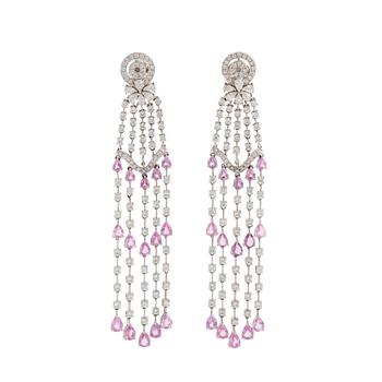 460. A pair of 18K white gold earrings set with faceted pink sapphires and round brilliant-cut diamonds.