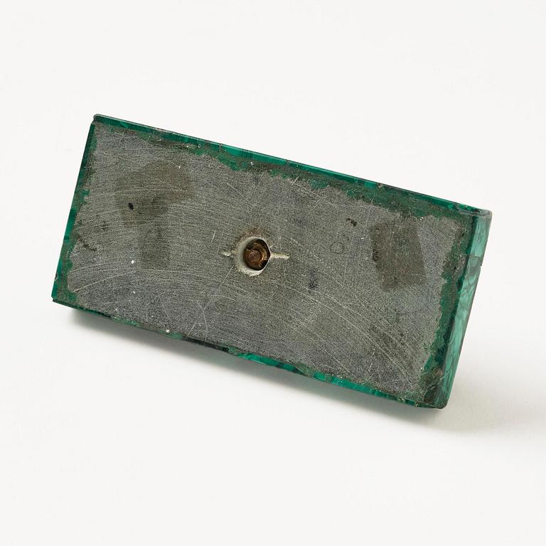 A Russian Nicholas II malachite-veneered and gilt-bronze paperweight, late 19th century.