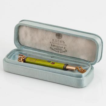 A 14K gold-mounted guilloché enamel pencil holder.