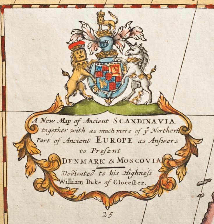 KARTA, handkolorerad, "A new map of  Ancinet Scandinavia"Dedicated to his Highnefs William Duke of  Clocester", 1700-tal.