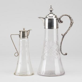 KANNOR, 2 st, nysilver och glas, omkring 1900.