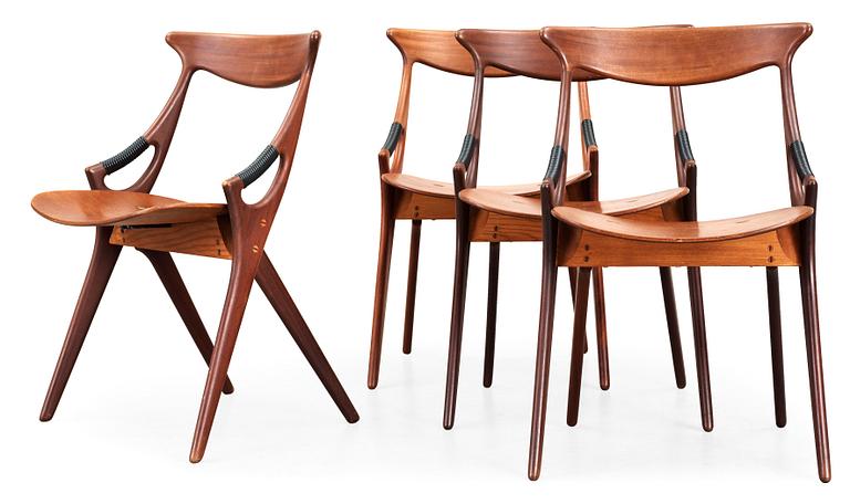 A set of four Arne Hovmand-Olsen teak and mahogany chairs, Mogens Kold, A/S Kerteminde, Denmark 1950's.