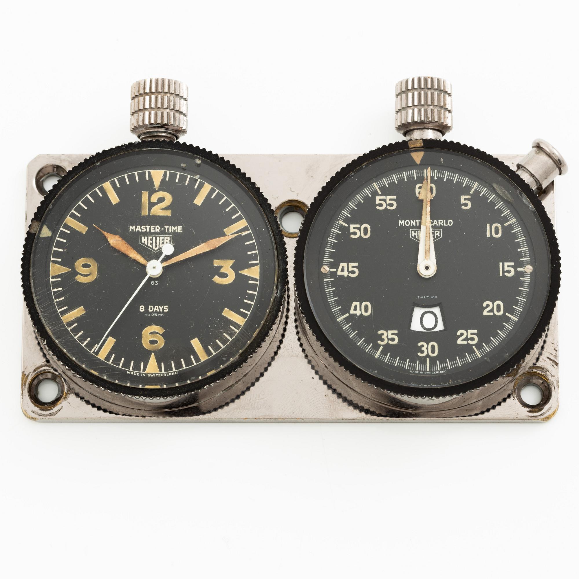 Heuer, Master-Time 8-Days and Monte-Carlo stopwatch, 6 x 11 cm.