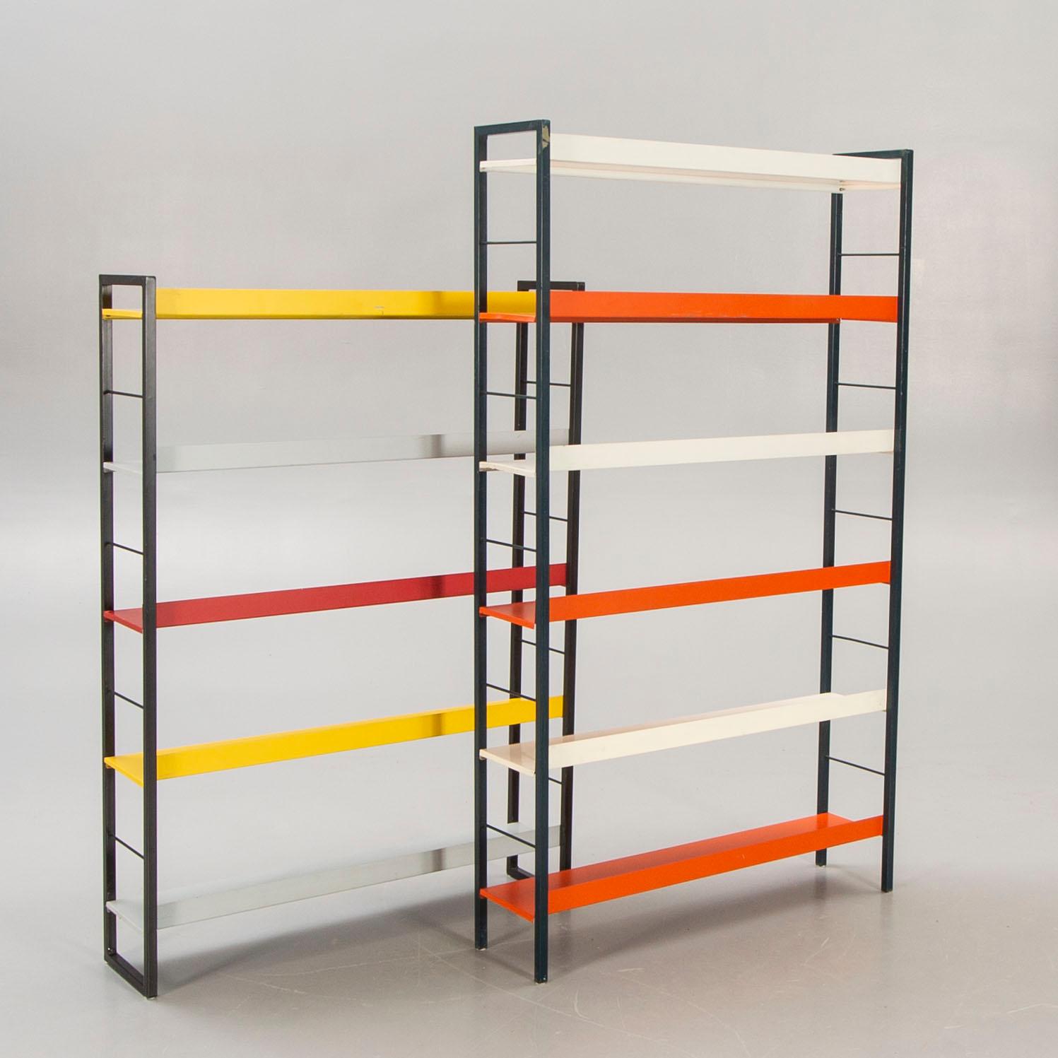 A pair of 1950s Adriaan Dekker lacquered metal book shelves for Tomado Holland.
