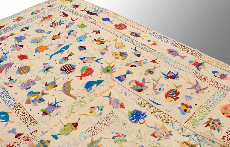 A CARPET, embroides flat weave, around 300 x 205 cm.