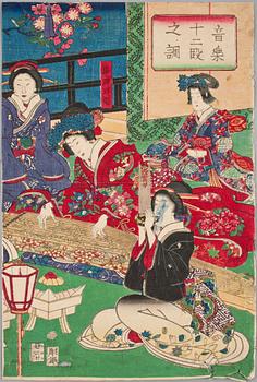 TRÄSNITT, 5 delar varav en triptyk, bland annat Toyokuni III Japan, 1800/1900-tal.