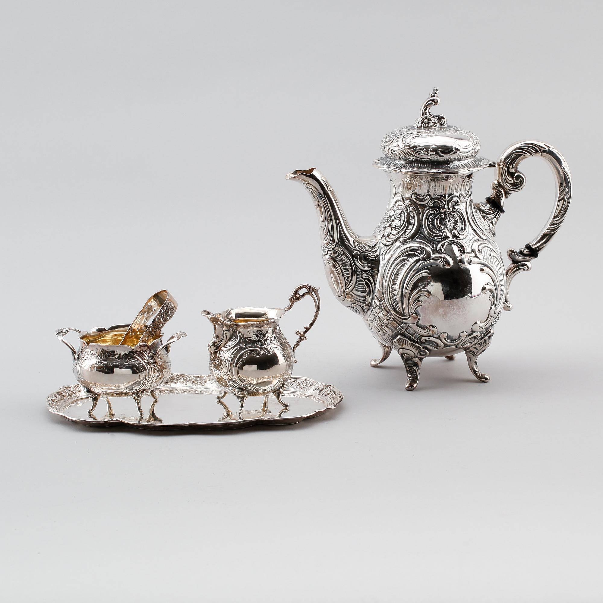 KAFFESERVIS, 5 delar, silver, Gewe, 1958/60. Vikt ca 1527 gram.