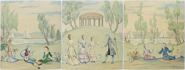 Wall panels, 3 pcs, 20th century, Motif from Hagaparken.