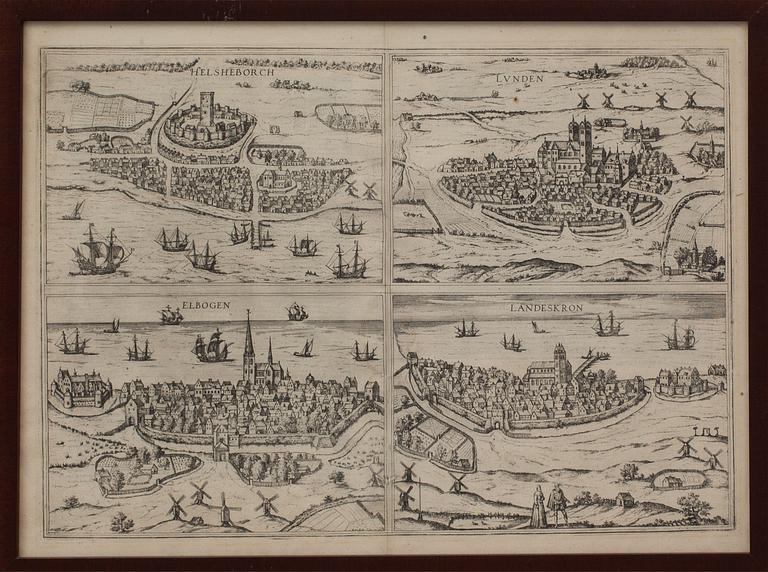KARTOR, kopparstick, 2 st , "D' Afrique..." 1739 samt "De fyra Öresundstäderna"Braun/Hogenberg 1585. Senare avdrag.