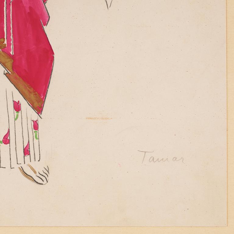 Isaac Grünewald, Costume sketch - woman in a dress with rose pattern.