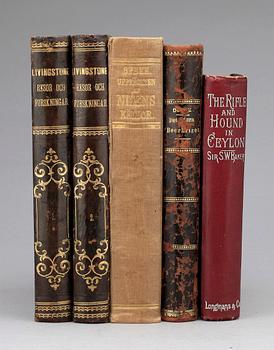 BÖCKER, 5 st, bla "Upptäckten av Nilens källor.." av John Hanning Speke, Stockholm 1865.