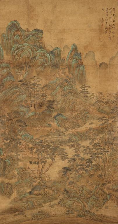 A hanging scroll of a landscape in the style of  Wen Zhengming (1470-1559), Qing Dynasty, presumably 18/19th Century.