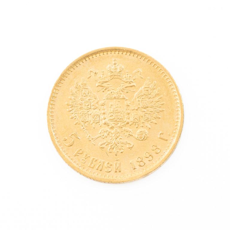 Gold coin, Nicholas II, Russia, 5 Rubles, 1898.