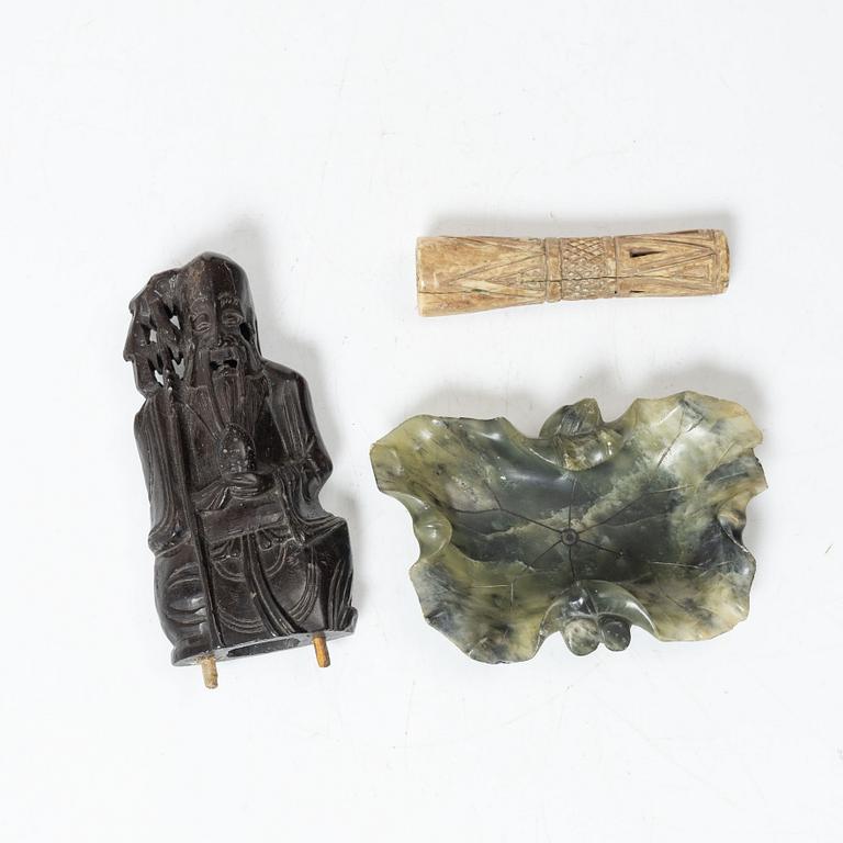 A Chinese green stone brush washer, a carved bone and a soapstone figure, partly Qing dynasty.