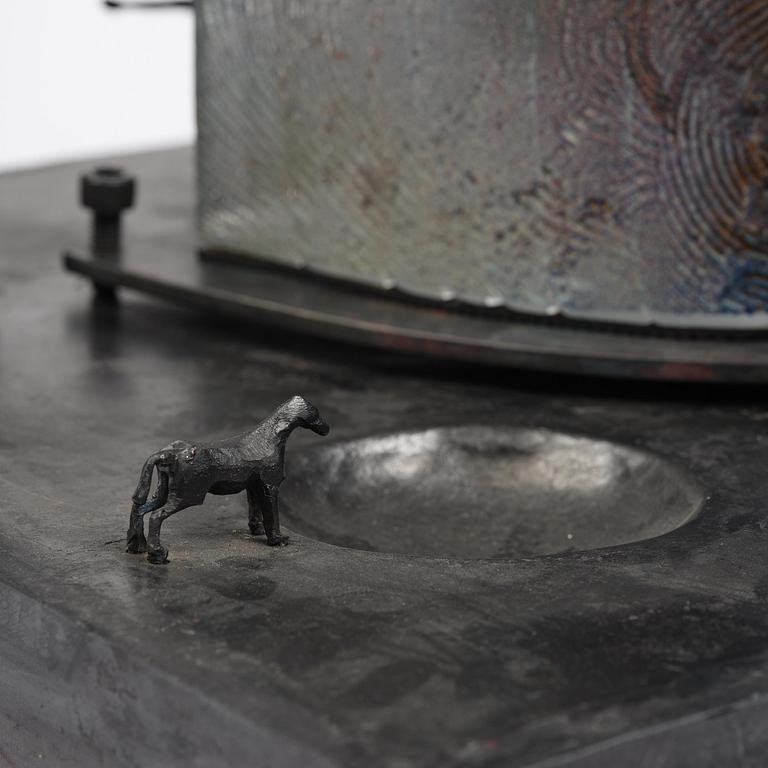 Bertil Vallien, a sand cast glass sculpture of a standing half-boat, Kosta Boda, Sweden.