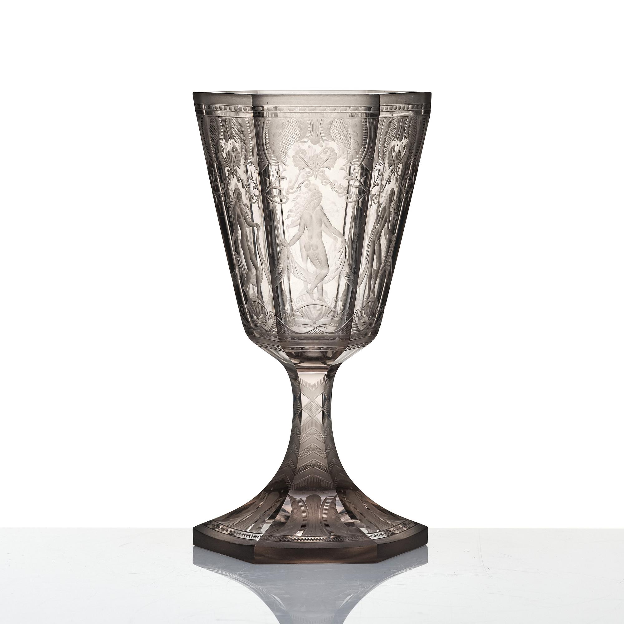 Simon Gate, a Swedish Grace engraved glass goblet 'Sex gracer', Orrefors 1929, model 154.