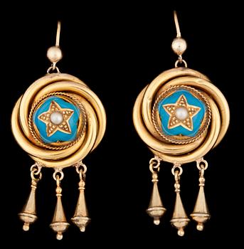 1290. A blue enamel and gold earrings, late 19th century.