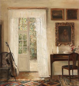 195. Carl Holsoe, Interior with a cello.