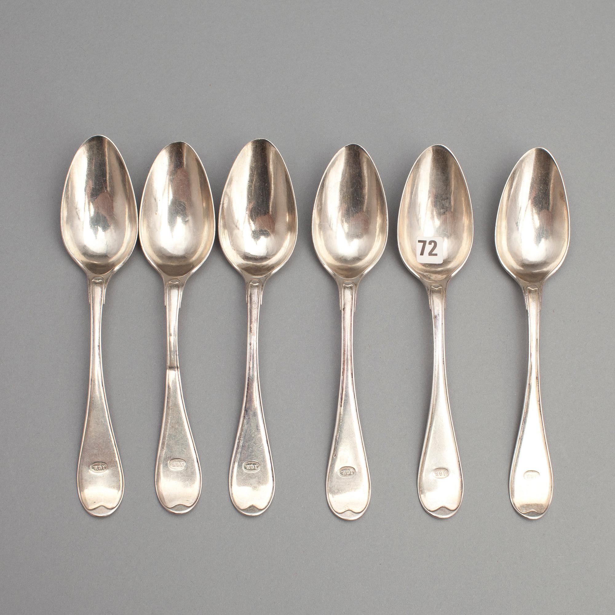 DESSERTSKEDAR, 6 st, silver, Stephan Westerstråhle, Stockholm 1803. Tot ca 230 gram.