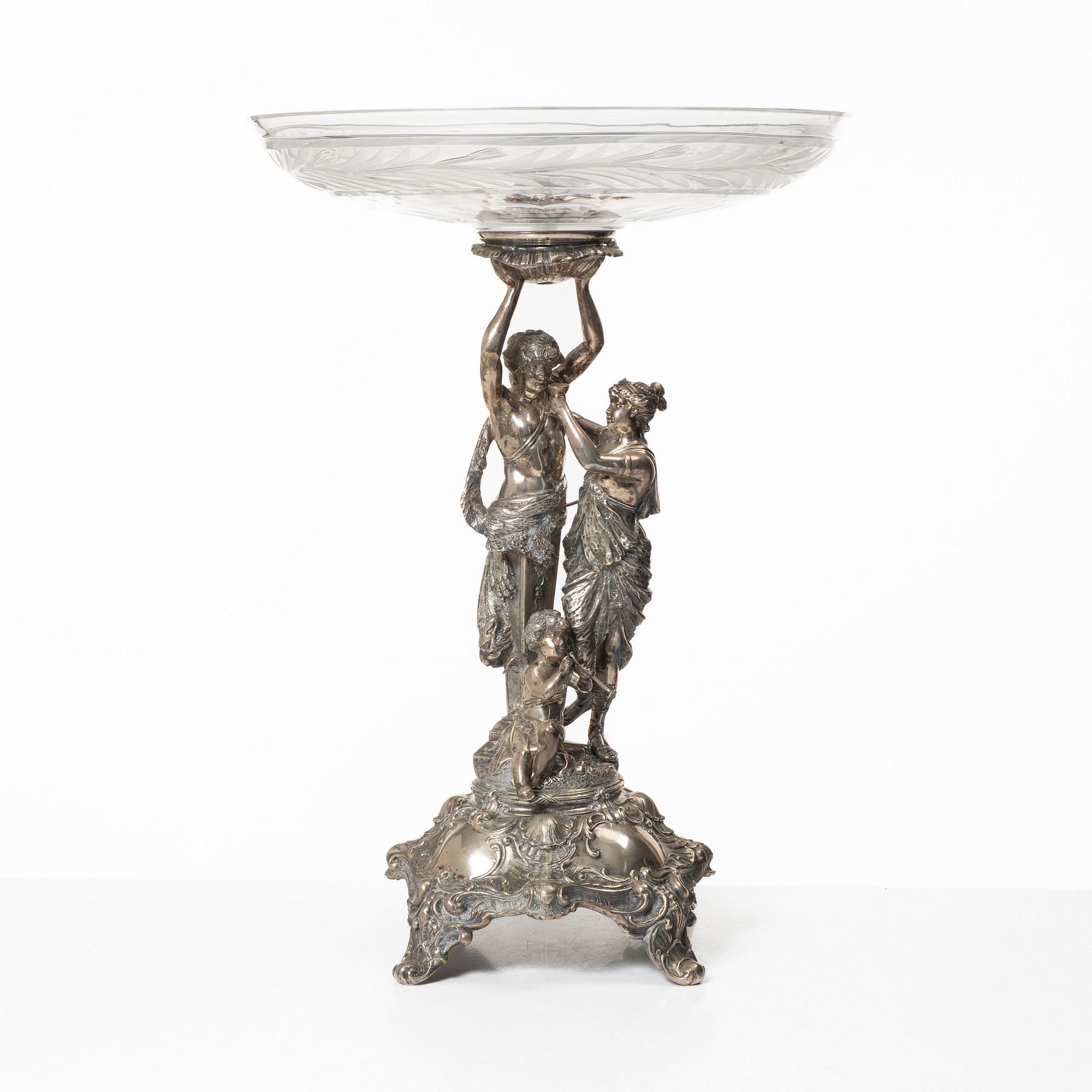 A silver and glass Rococo style centerpiece, Lale Silverware & Co Ltd, Istanbul, Turkey, 20th century.