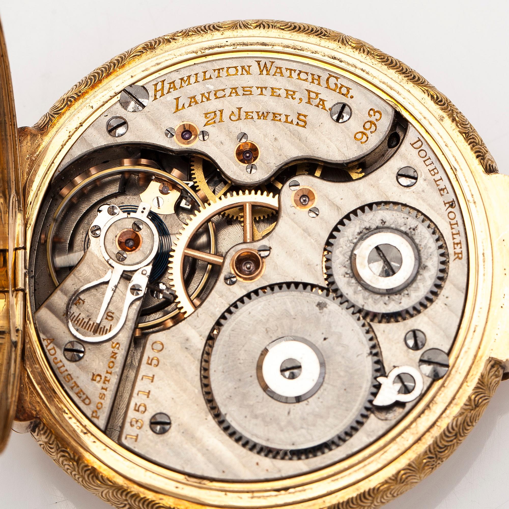 Hamilton, pocket watch, 50 mm, 14K gold in three colours, lever escapement.