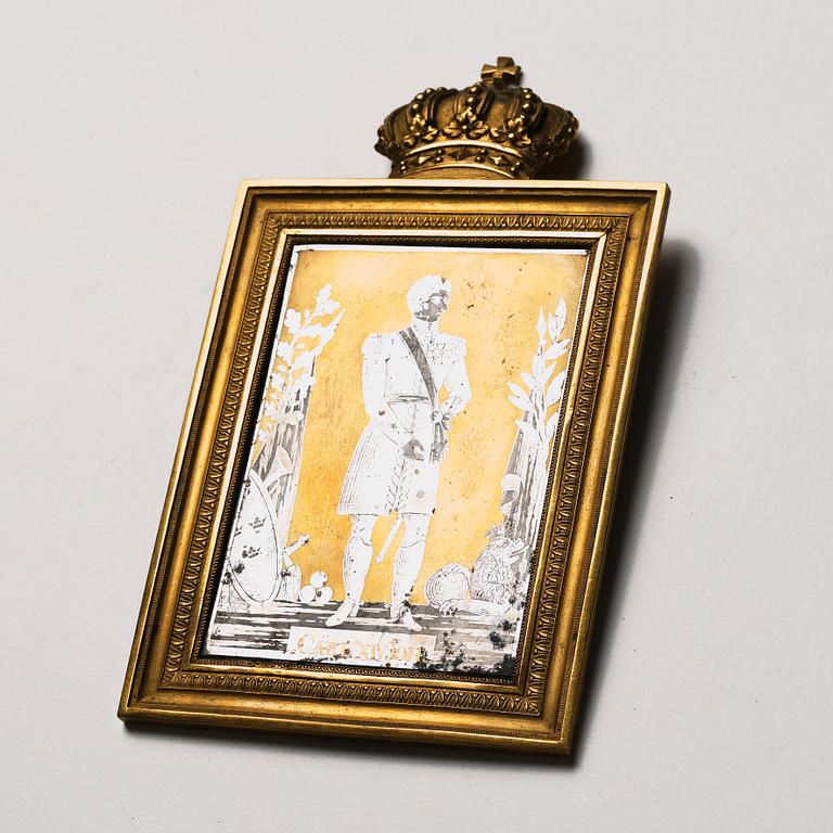 An etched and gilded steel plaque of King Carl XIV Johan,  signed by Carl Gustaf Liljedahl,  first half 19th century.