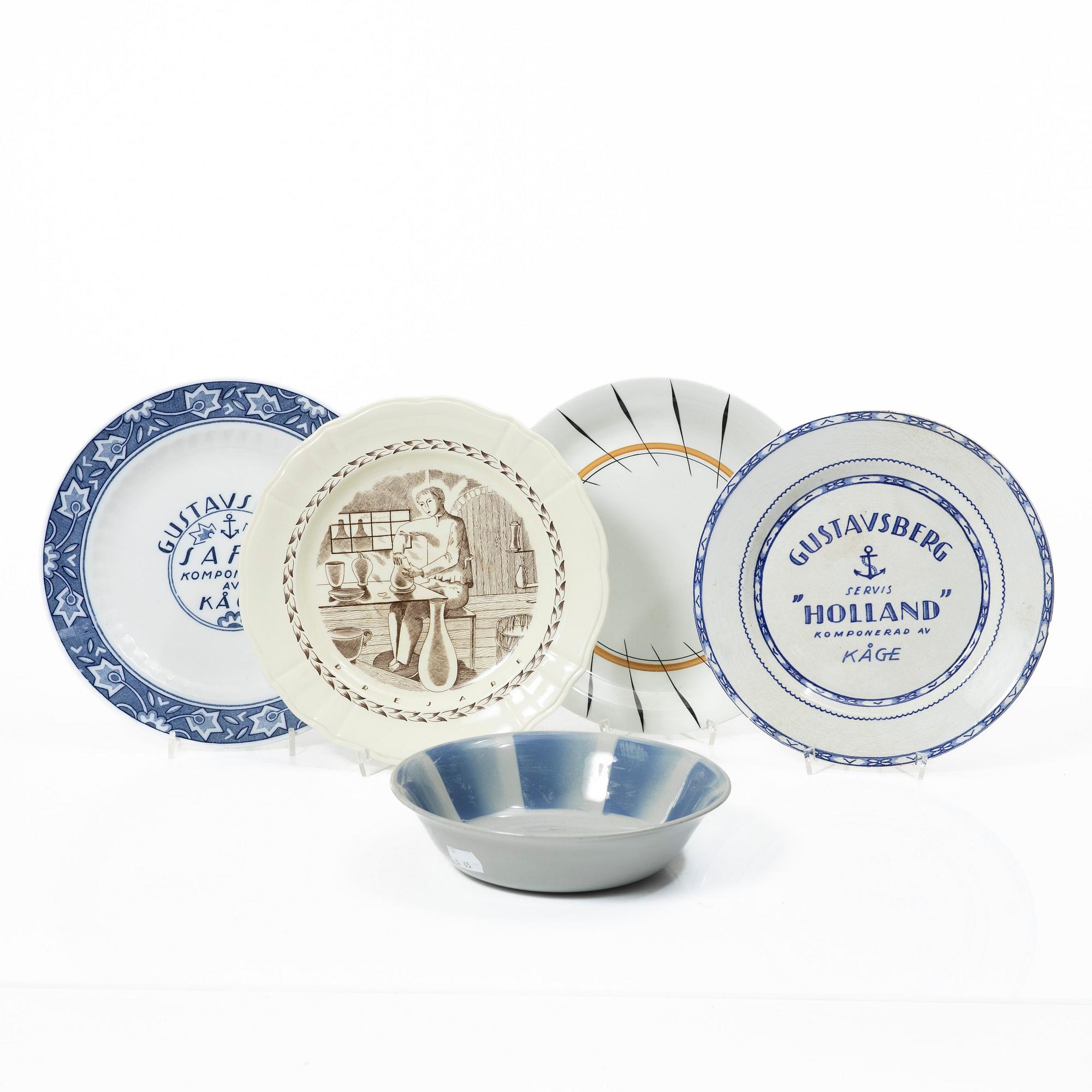 Wilhelm Kåge, Five test plates, porcelain and stoneware, Gustavsberg, 1920s-50s.