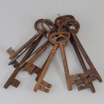 Ten iron keys, some large, 19th century.