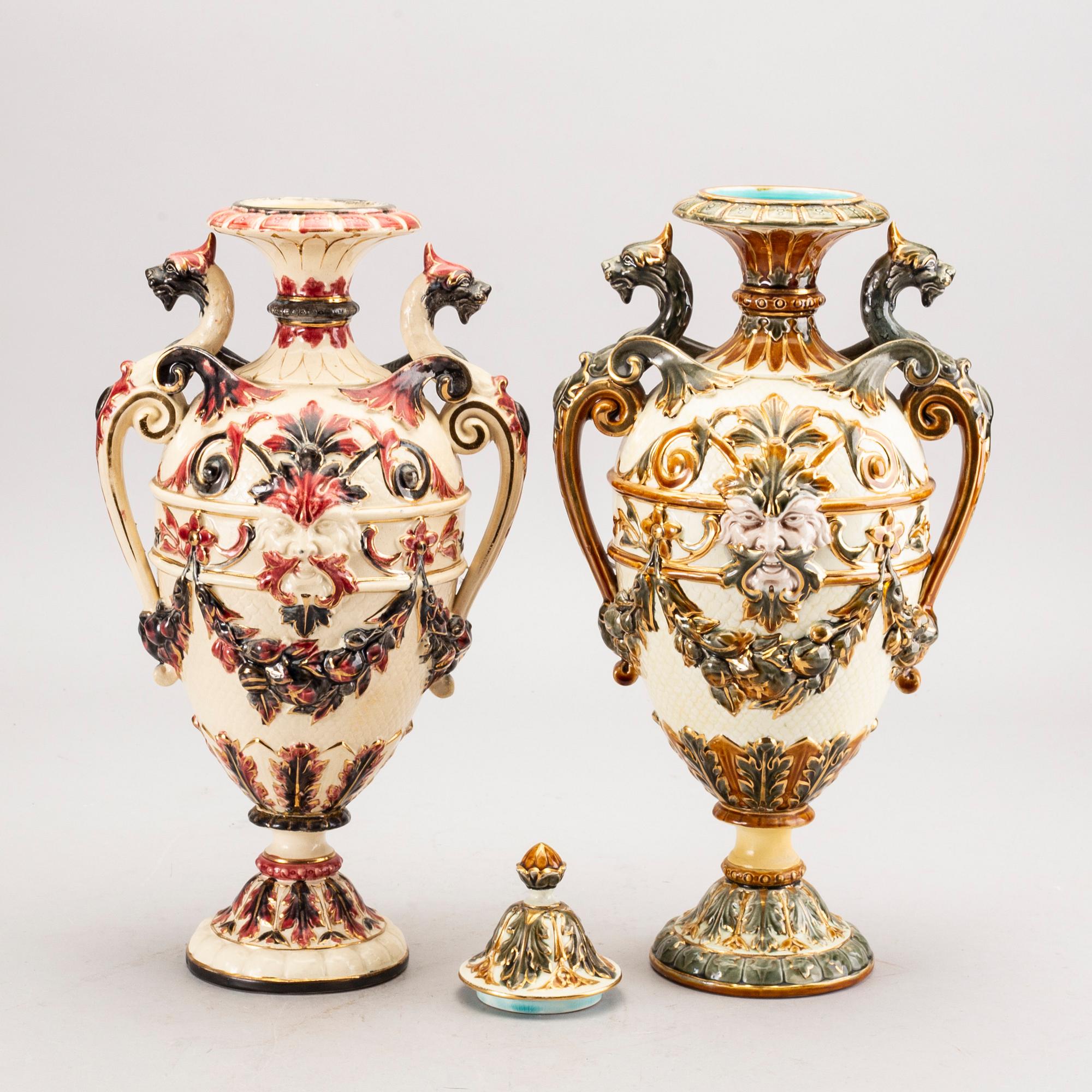 A set of two Rörstrand majolica urns around 1900.