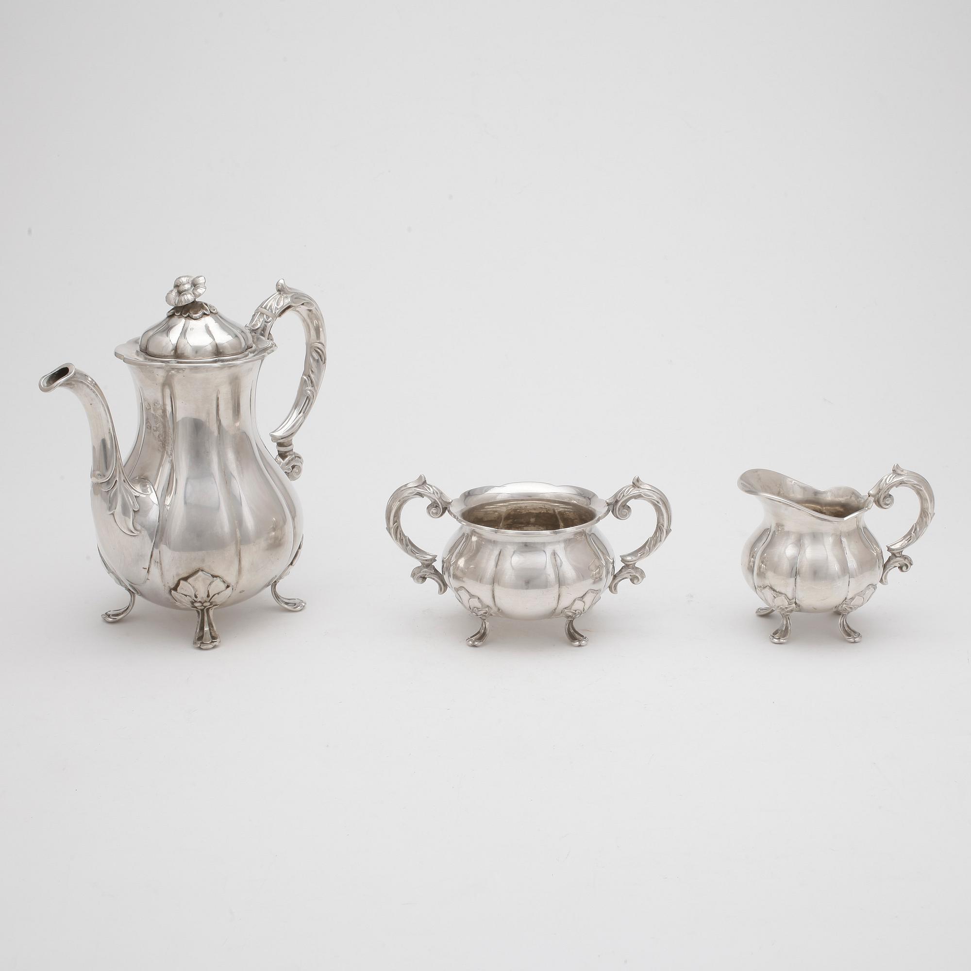 KAFFESERVIS, 3 delar, silver, Danmark, 1900-tal, total vikt ca 871 gram.