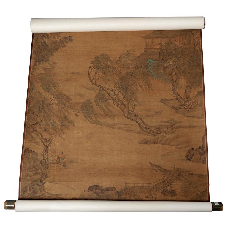 A hanging scroll of a river scenery in the style of Tang Yin (1470-1524), Qing Dynasty, presumably 18/19th Century.